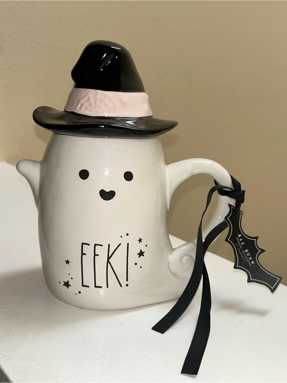 Rae Dunn Black and White Ghost with Removable Pink and Black Witch Hat Lid - Picture 5 of 5
